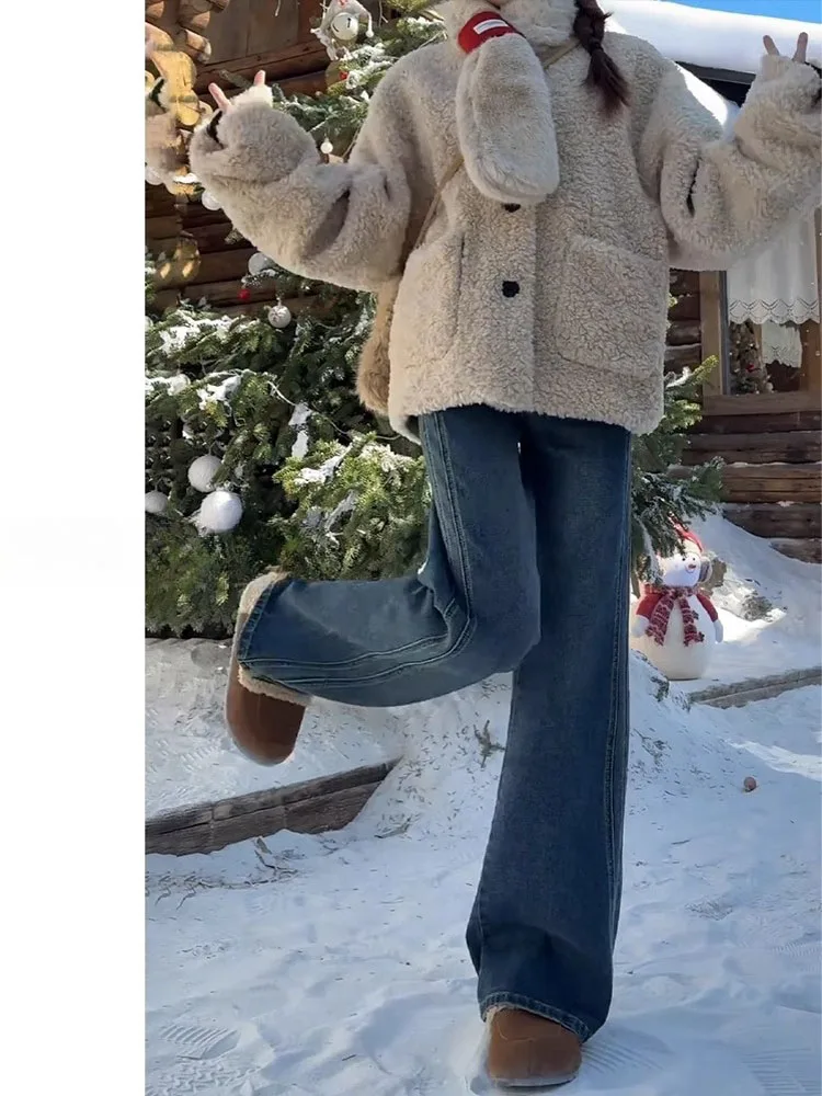 Retro High Waist Wide Leg Jeans Women's Loose Drapey Hip Covering Large Size Elastic Straight Leg Pants Casual Sle Denim