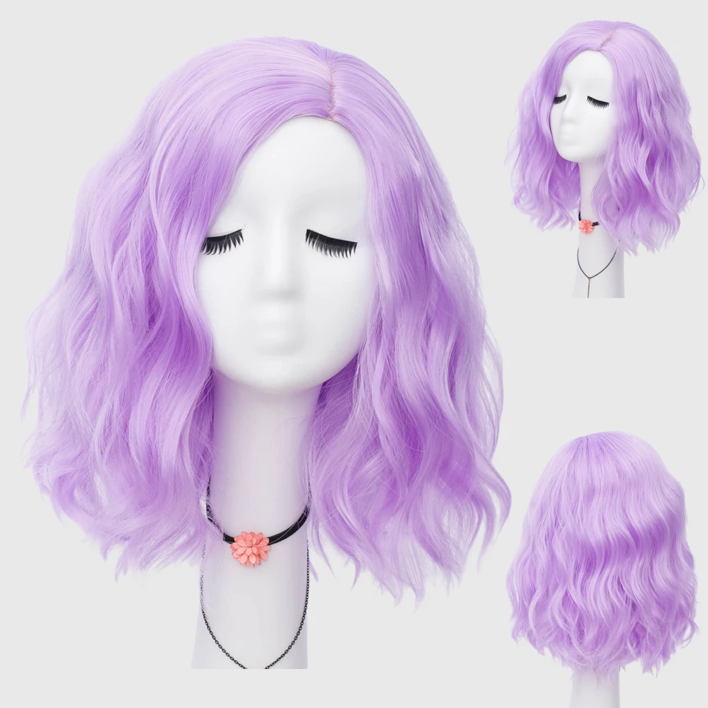 Women Short Purple Cosplay Wig For Party Wavy Synthetic Fiber Hair Pink Blue Color