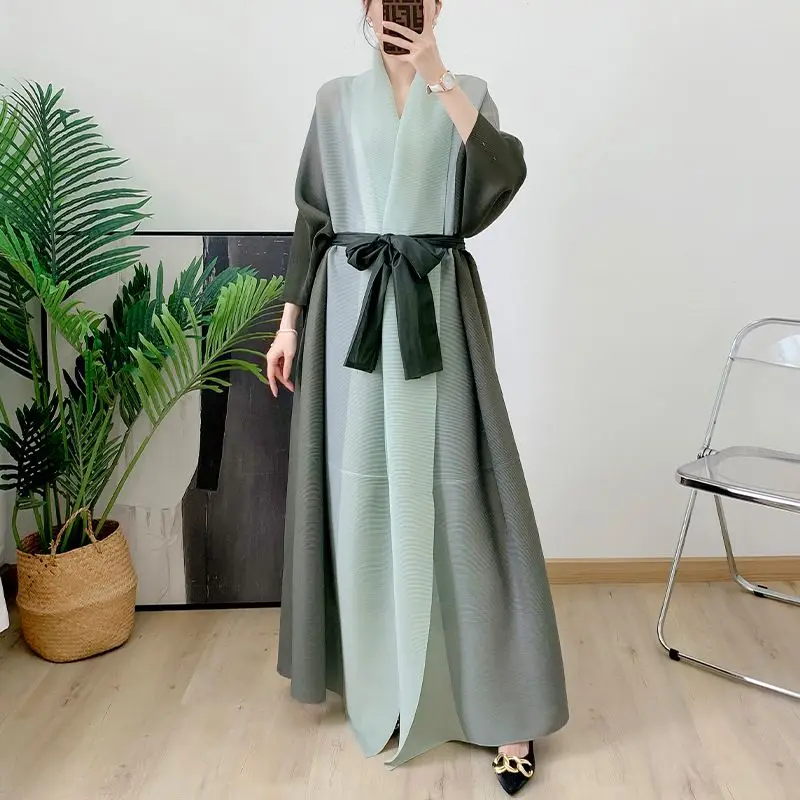 Women's Gradient Robe Long Coat Middle Eastern Costume Lengthened Trench Tie Jacket Cardigan Pleated Loose Drag Floor Trendy