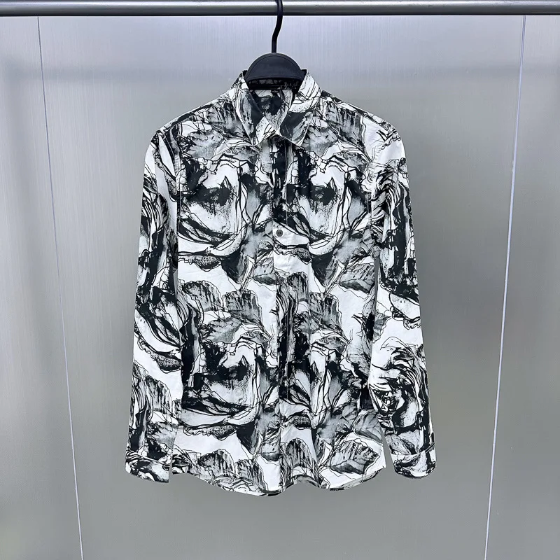 

Модная повседневная рубашка с длинным рукавом для мужчин, весна-осень, с принтом в стиле акварели, с воротником, свободного кроя, молодежная, для повседневной носки