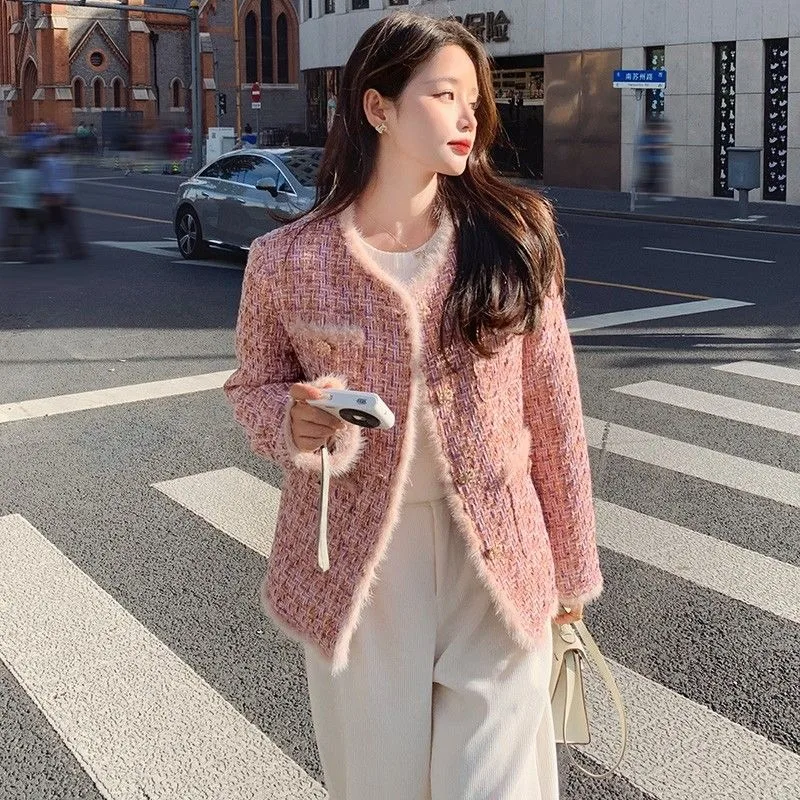New High End Small Fragrance Tweed Jacket Coat Women Winter Warm Inner Downs Sweet Pink O-neck Pockets Elegant Fashion Outwear
