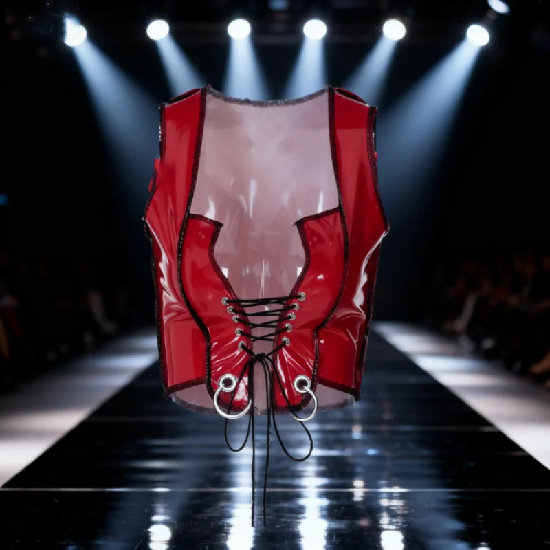 Diepe V-hals Rode Spiegel Glanzend Leer Crop Tops Strak Vest Trekkoord Vastbinden Jarretel Korset Hol Bustier Cropped Gothic