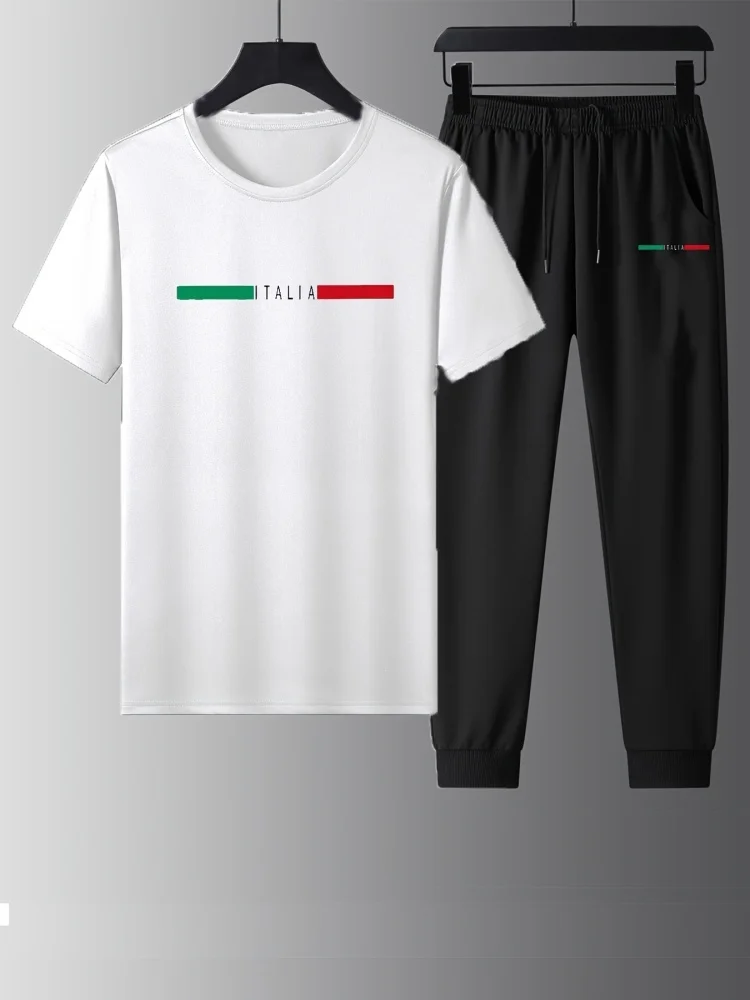 

Summer Breathable Men's Sports Set Two-Piece Set Featuring Crew Neck T-Shirt And Casual Fashion Pants Outdoor Sports Style