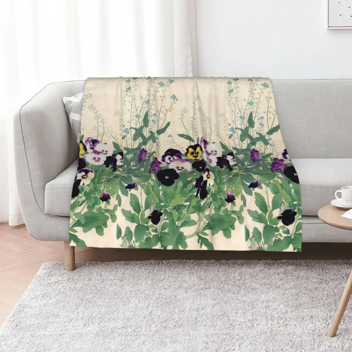 PANSIES AND GREEN LEAVES Antique Japanese Floral Throw Blanket Kid'S cosplay anime wednesday Soft Plaid Stuffeds Blankets