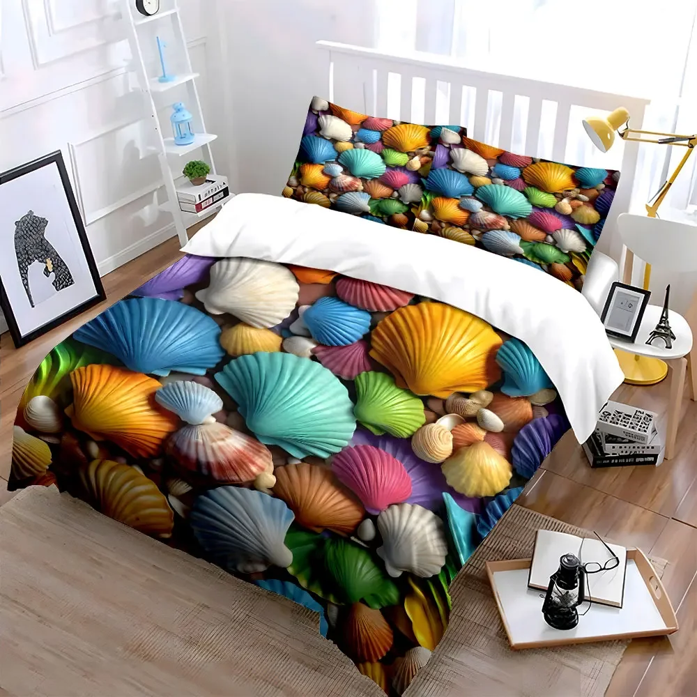 3Pcs Rainbow Scallop Shells Bedding Set, Bright Multicolored Seashell Pattern Print Duvet Cover, Summer Ocean Decor