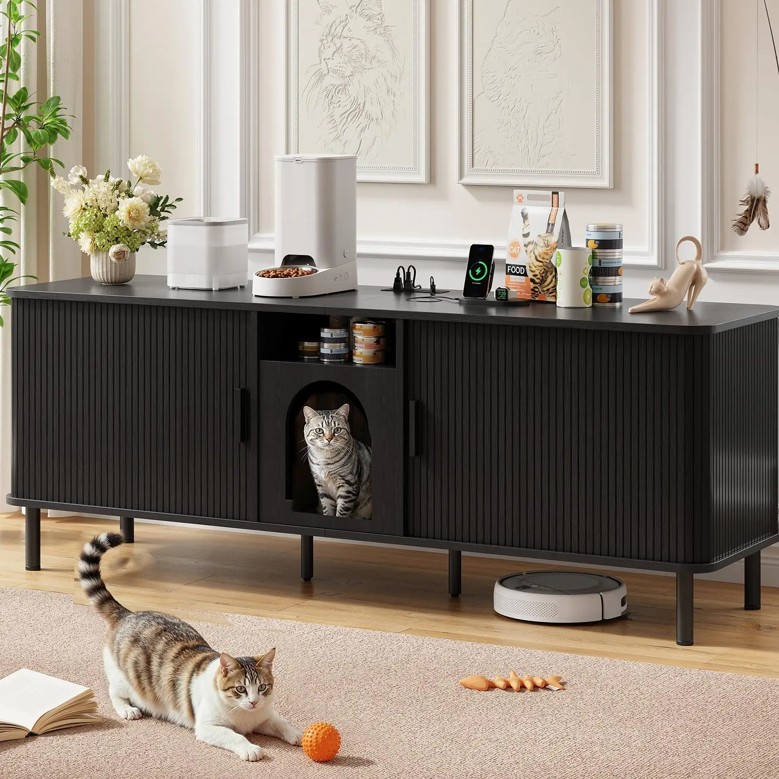 70 Inches Cat Litter Box Enclosure for 2 Cats, Black