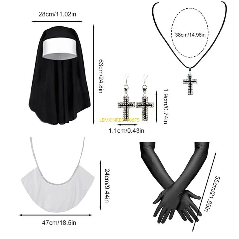 P9jf feminino role play freira roupa com headpiece cruzamento pingente colar meia halloween freira trajes acessórios
