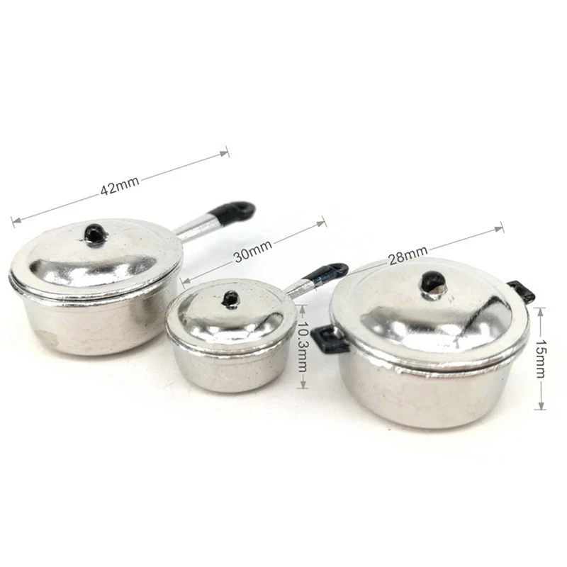 3pcs/Set 1:12 Dollhouse Miniature Frying Pan Casserole Metal Cookware Kitchen Model Decor Toy Doll House Accessories