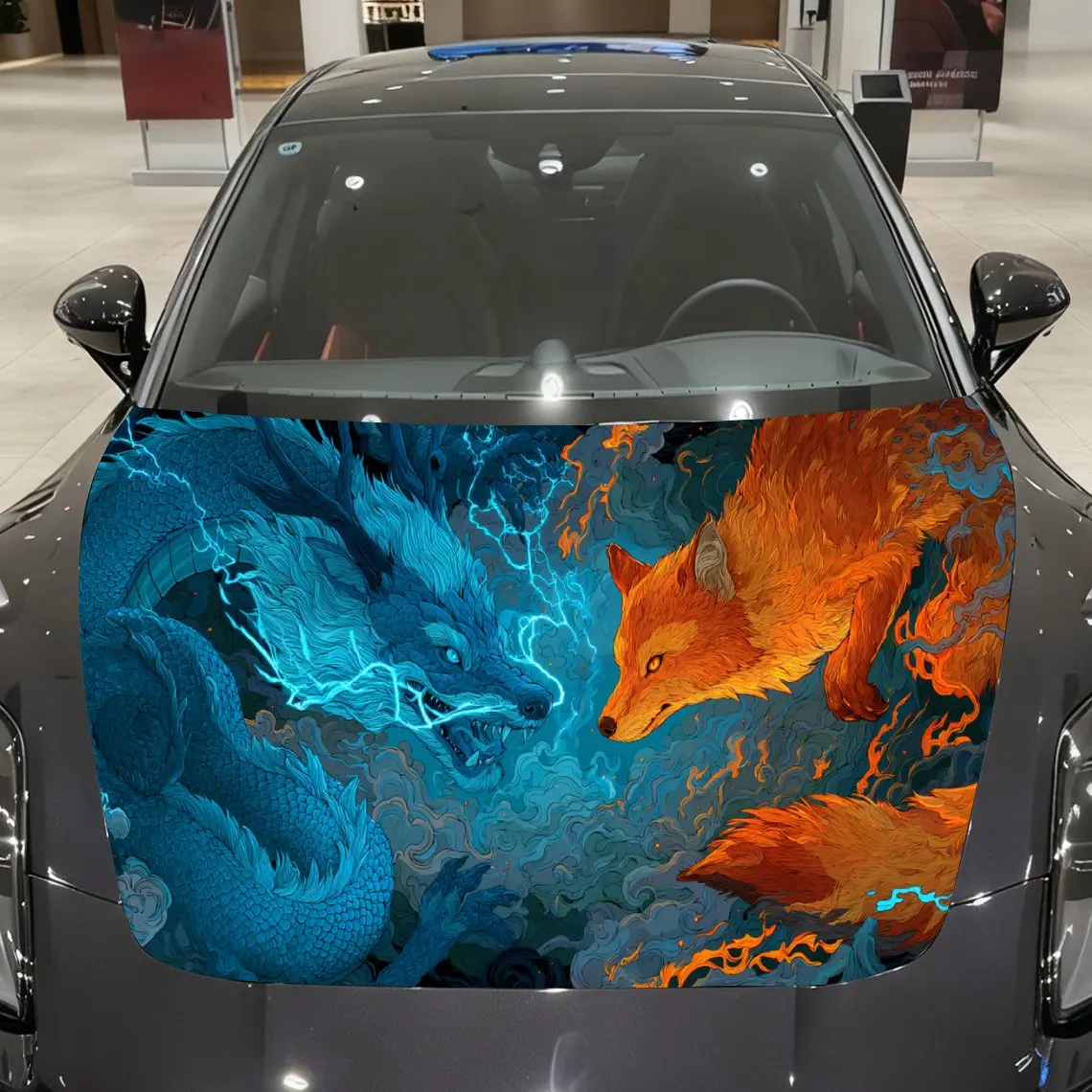

hunder-Fire Dual Beasts Car Vinyl Wrap, PVC Material Waterproof Car Hood Sticker, Self-Adhesive Scratch-Resistant Stickers for E