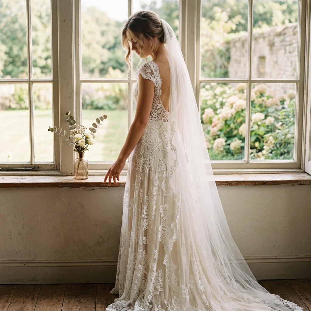Cap Sleeve Lace A Line Wedding Dress Deep V Back Floral Lace Train Bridal Gown