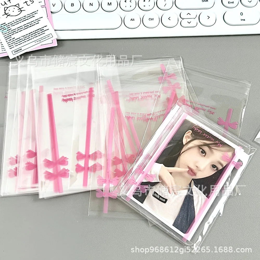 20Pcs Korean Ins Cute Pink Black Bow Card Self-adhesive Bag Kpop Star 3-inch Photo Card Kawaii Selling Card DIY Packing Pocket