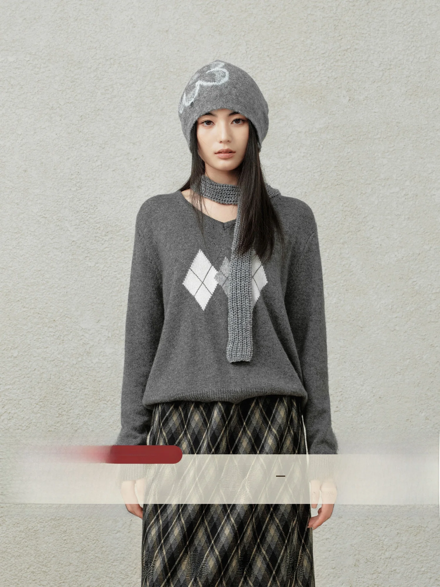 

Rising Small Design V-Ne Woolen Sweater Women's Loose Lazy Knitted Clothes Diamond Pattern Autumn Winter Faion Commute Sle