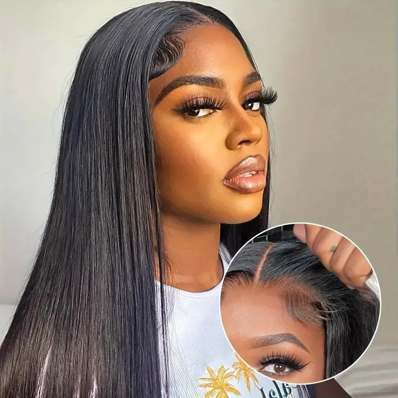 Natural Black 16 Inch 13X6 HD Lace Forehead Wig Human Hair 13x4 Straight Women Pre-Plucked Closure 180 Density Human Hair Wig