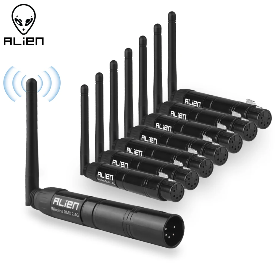 alien dmx transmissor e receptor sem fio controlador dfi pinos xlr dmx512 sinal para palco par cabeca movel luzes laser din 24g 01