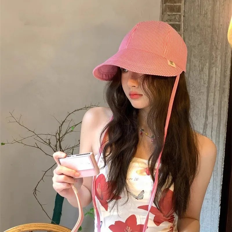 

Girls Casual Summer Visors Sun Hat Striped Light Foldable Cap Women's Fashion Travel Hat Hollow Color Matching Woven TTC0515
