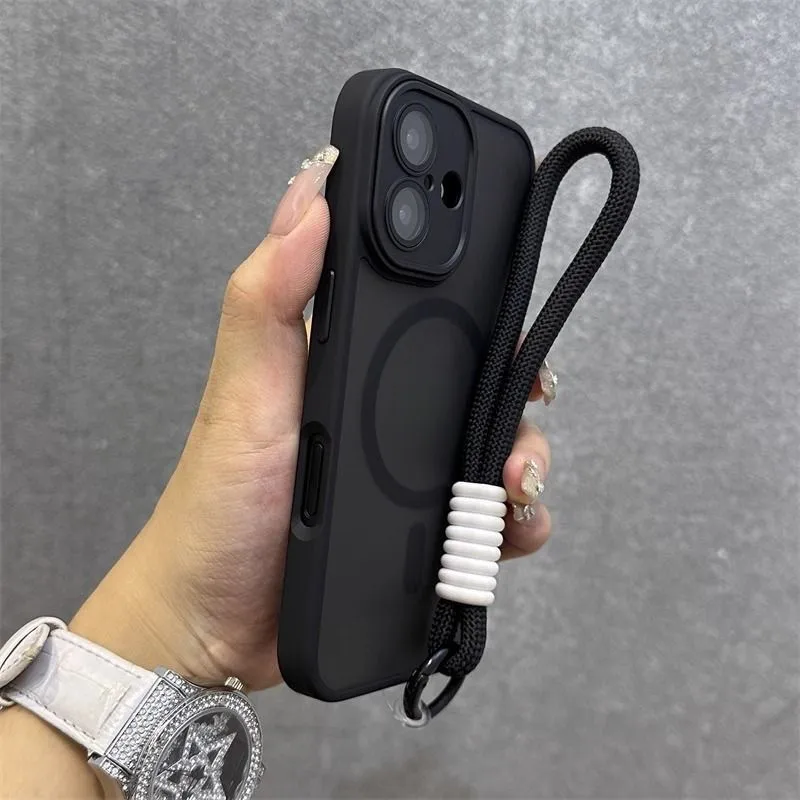 

Lanyard Matte transparent Magnetic Wireless Charging Case Compatible For iPhone 11 12 13 14 15 16 Pro Max Plus Shockproof Phone