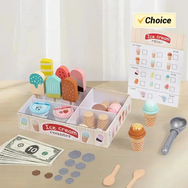 

Ensemble de jeu de compteur de crème glacée en bois, jeu de simulation Montessori, jouets de cuisine pour enfants