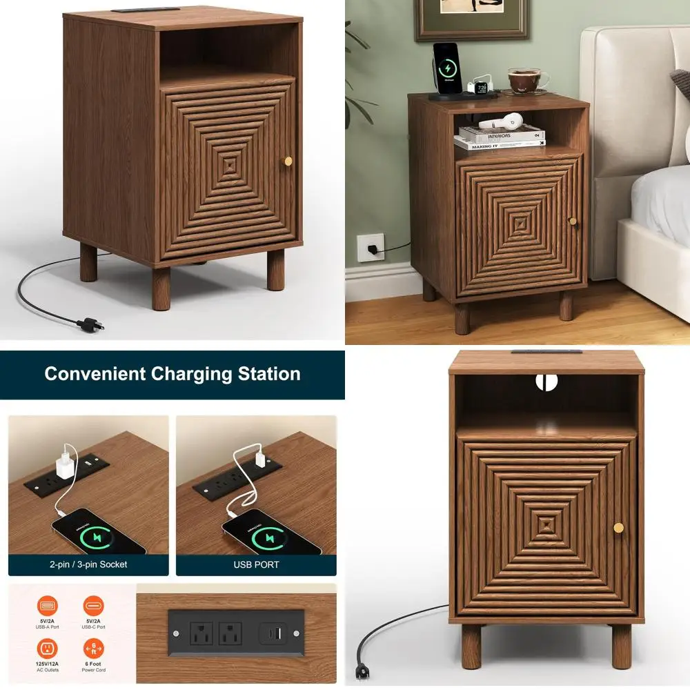

Modern Charging Station Nightstand with Door, Solid Wood Accent Table for Bedroom and Entryway in Brown