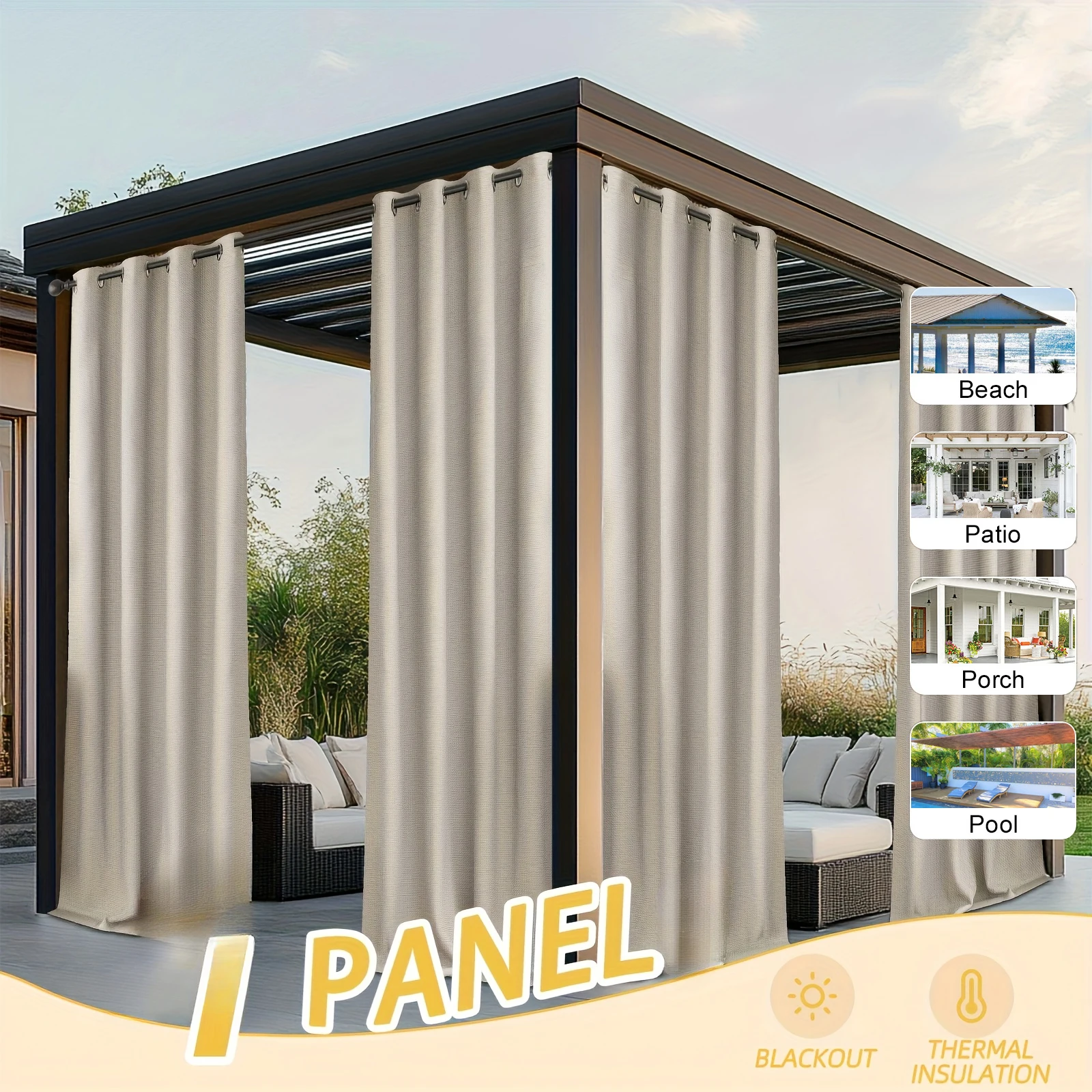 1pc Waterproof and Sunproof Outdoor Curtains for Gazebo, Patio and Deck, Blackout Curtains, Summer Curtains