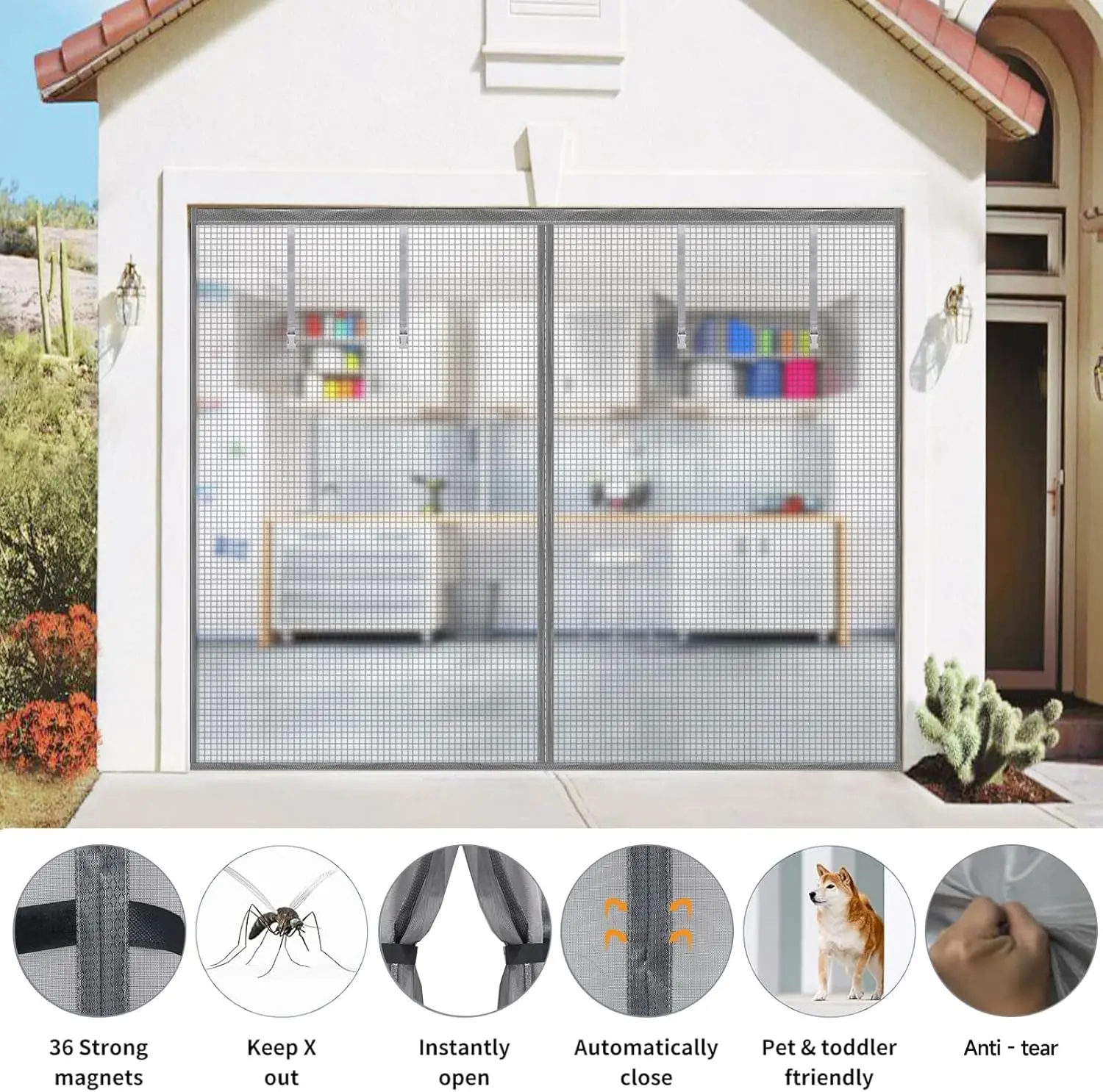 Magnetic Garage Screen Door for 1 Car Garage Doors 9x7FT- Reinforced Self Sealing Mesh Door with 4 Strapping Tapes, Hands Fre