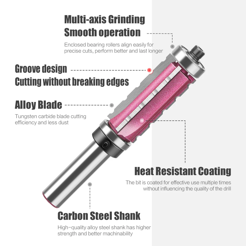 1Pcs 12mm Shank trimming knife Milling cutter for wood tools Straight Cut Router Bit with a Bearing Prevent Tear-Out