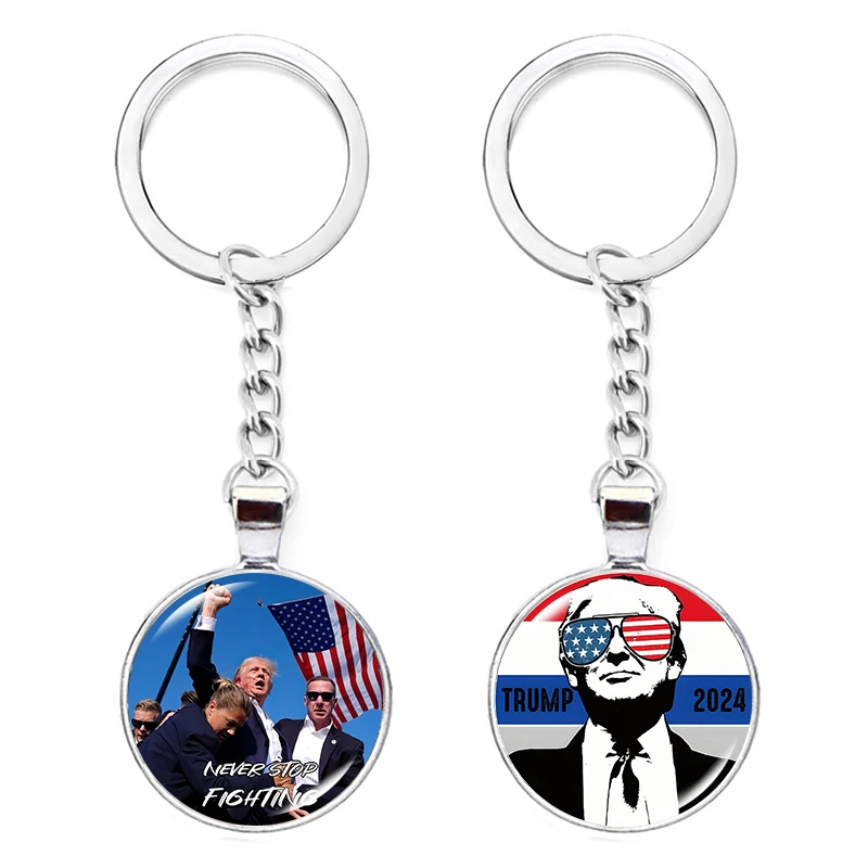 Trump 2024 Flag Keychain Make America Great Again Glass Cabochon Long Pendant Key Chain for Unisex Car Key Holder Gift