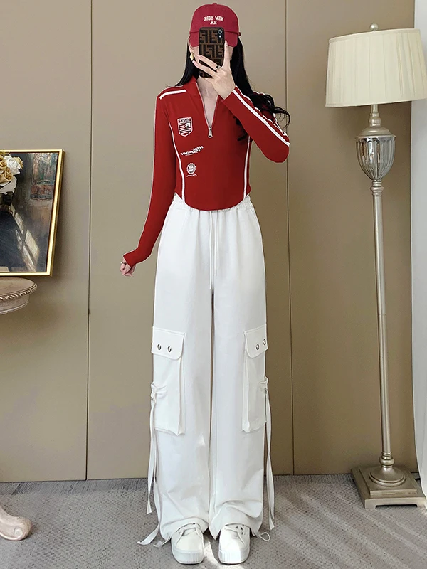 

Spring Cool Spicy Casual Sports Set Women's Slim Short Red Long Sleeve Top Wide Leg Workwear Pants Two Piece Set