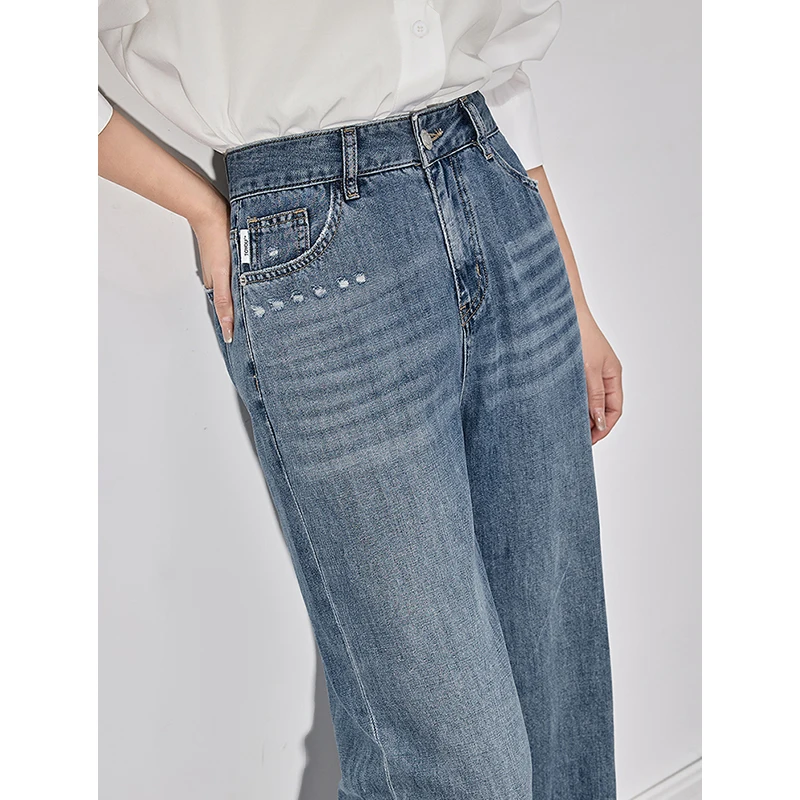 TOYOUTH Women Denim Jeans 2025 Spring New Handmade Cut Washed Straight Wide Leg Long Pants Light Blue