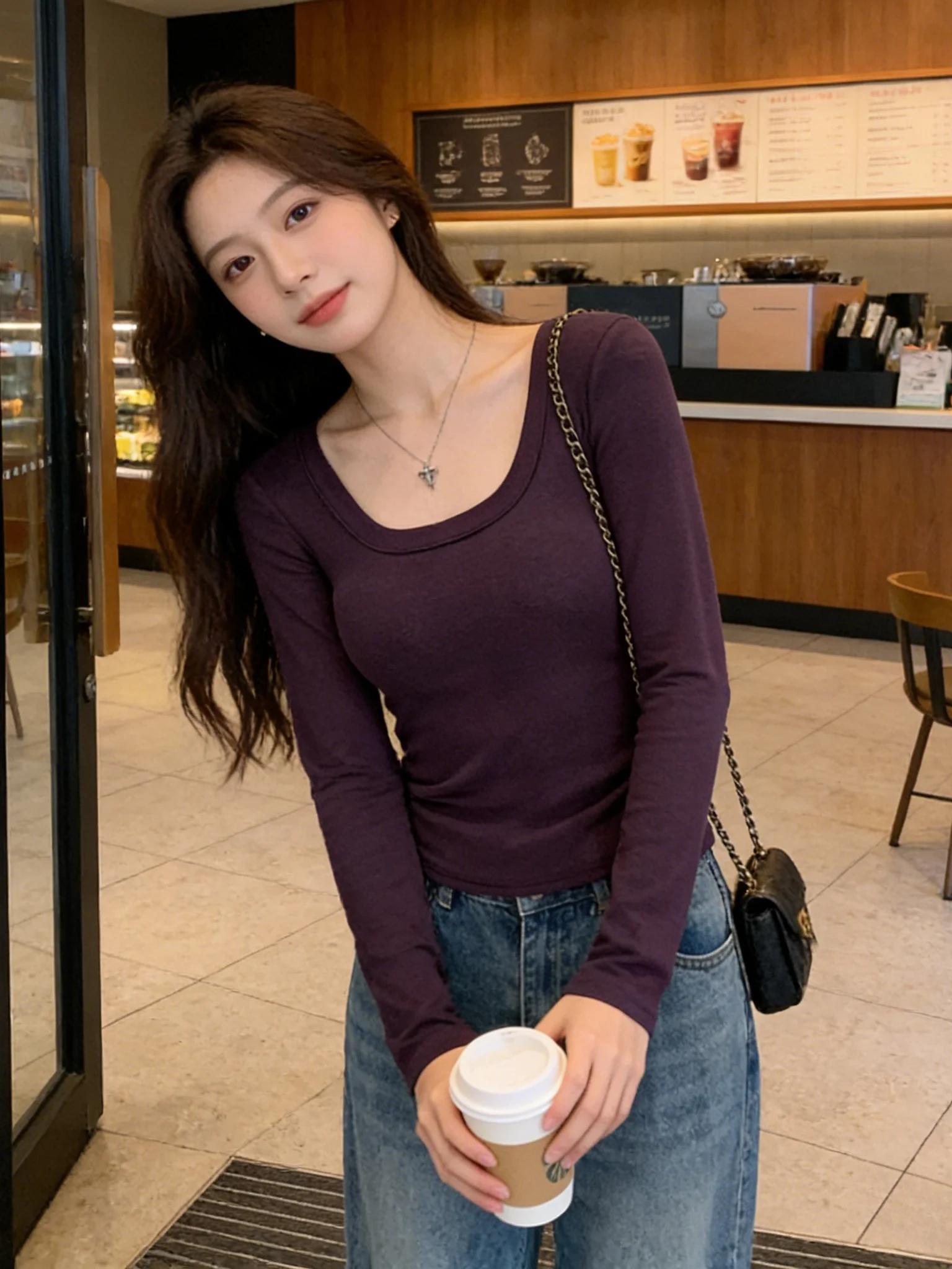 Slim Fit Long Sleeve U-Neck T-Shirt Women's Inner Wear Korean Style Commute Fashion Removable Chest Pad Shoulder Bag