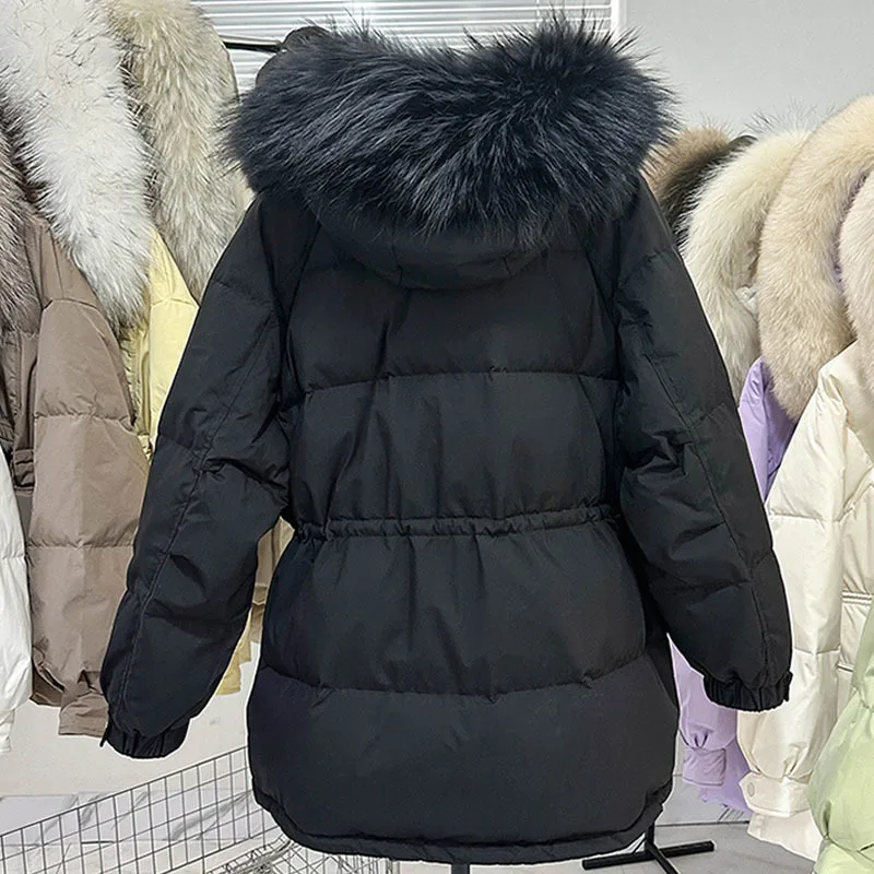 Short Puffer Jacket Women 90% Duck Down Coat Huge Real Raccoon Fur Hooded Winter Thicken Female  Feather Parkas 2023