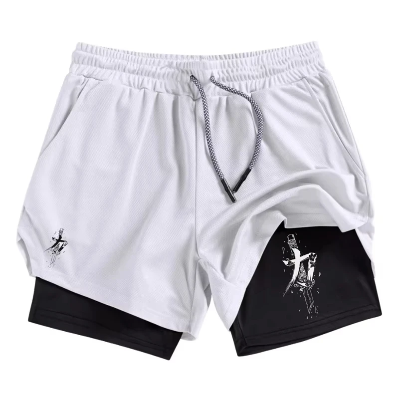 

Men's 2-in-1 Running Training Sword Pattern Breathable Quick Drying Sports Shorts with Mobile Pocket Gym Shorts 10106