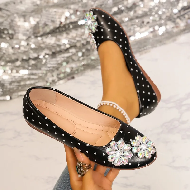 Fashion Rhinestone Decor Round Toe Women's Flats and Loafers 2026 New Polka Dot Soft Soled Non Slip Women Shoes Балетки Женские