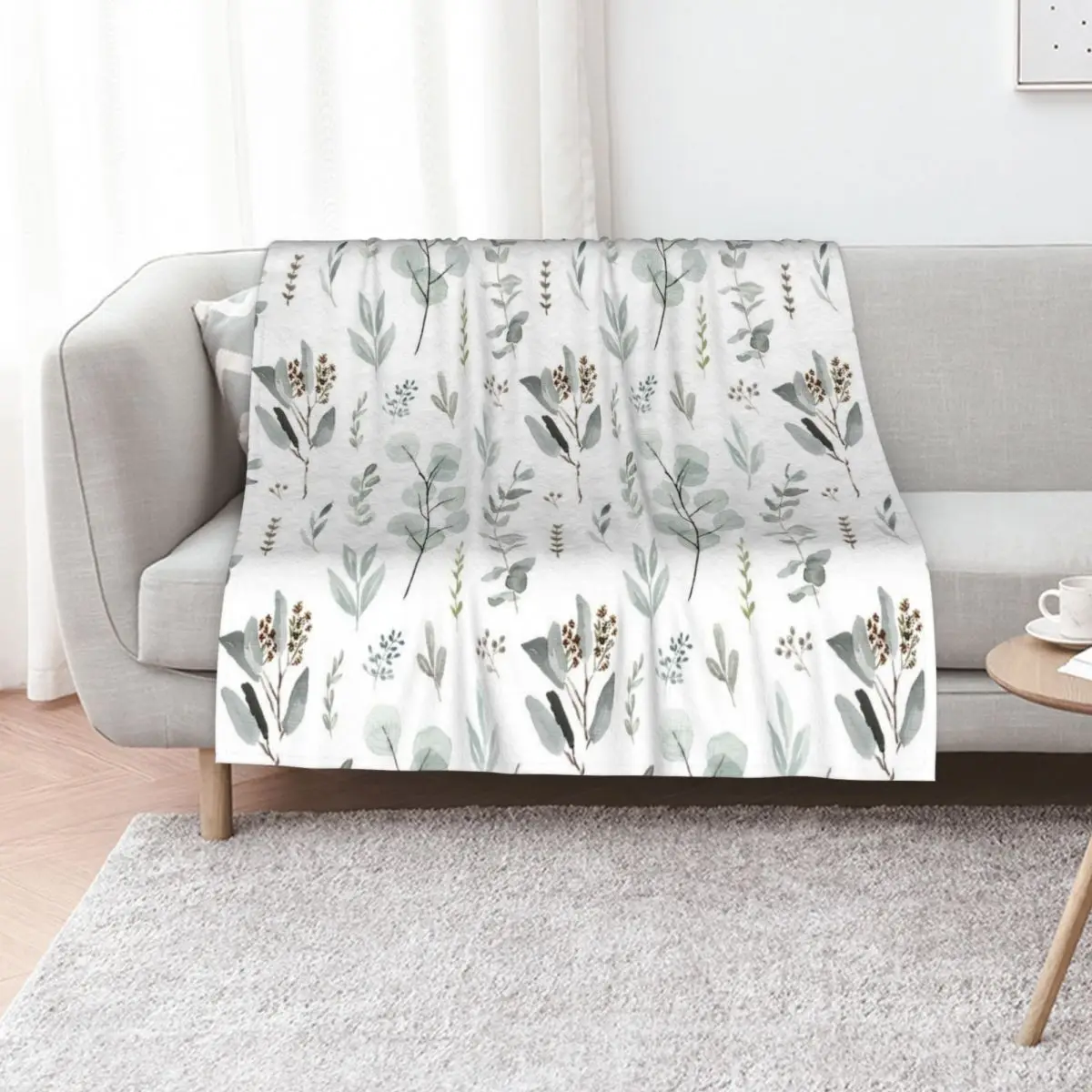 Eucalyptus watercolor lineal pattern Throw Blanket Thin Soft Blanket for Summer Night Sleeping