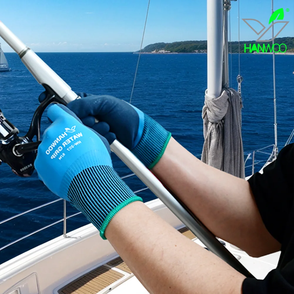 قفازات عمل آمنة مقاومة للماء من HANWOO، طلاء لاتكس كامل، غير قابل للانزلاق ومقاومة للاهتراء، البستنة، الصيد، في الهواء الطلق، زوجان