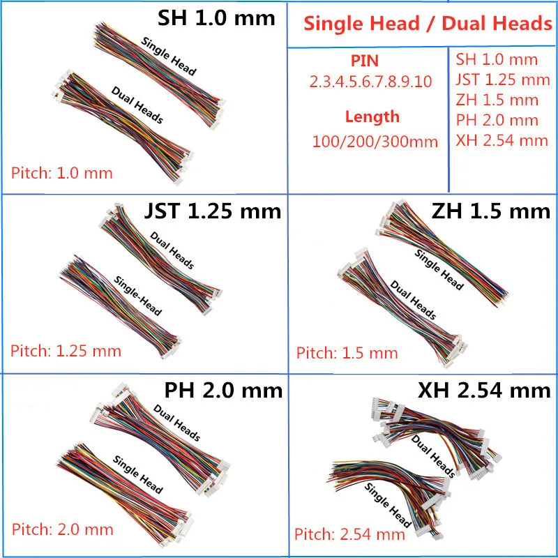 Złącze Jst 1,0 mm 1,25 mm 1,5 mm 2,0 mm 2,54 mm Kabel z pojedynczą/dwugłowicową głowicą Jst Xh2.54 2/3/4/5/6/9 Pin Wtyczka żeńska Przewód elektroniczny