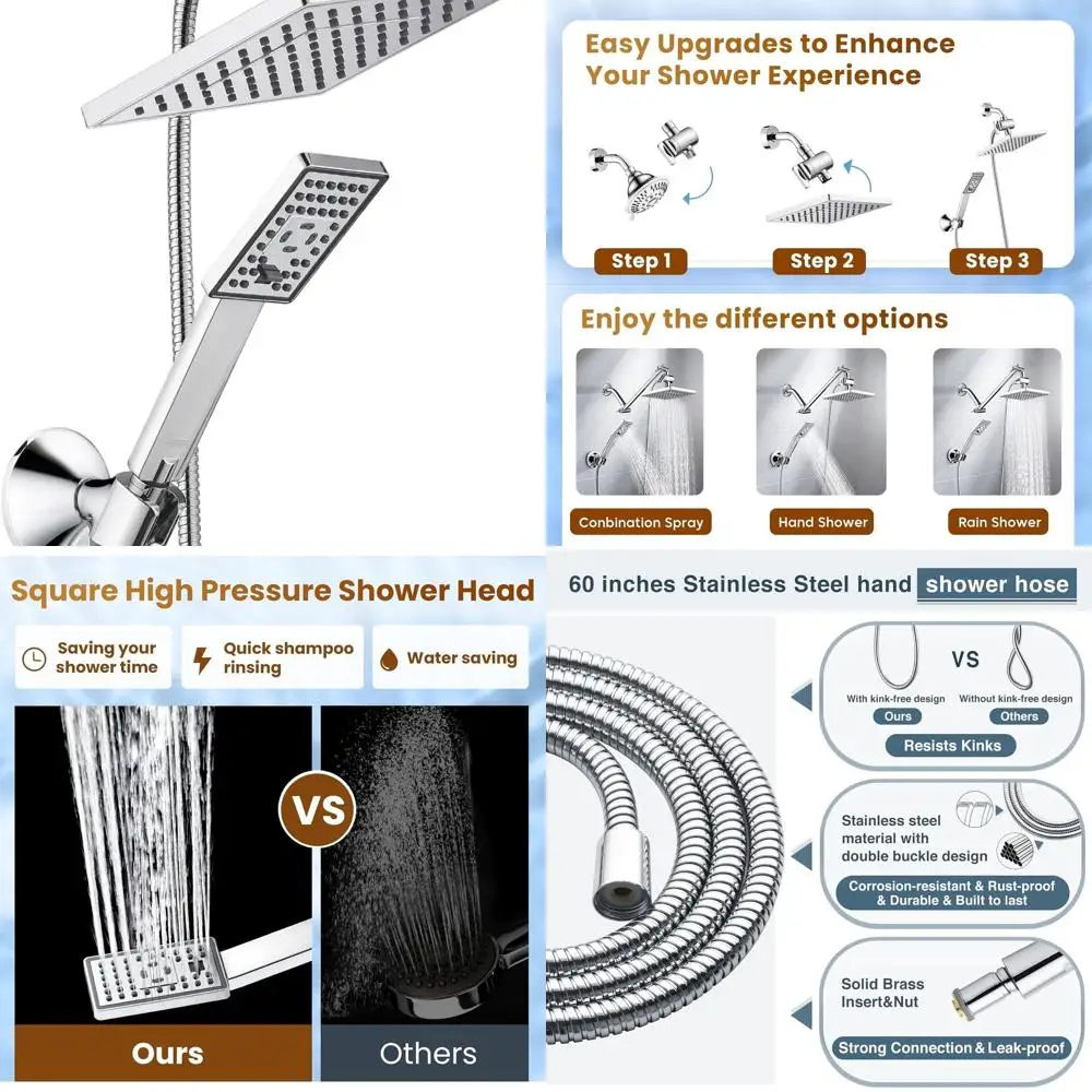 

8 High-Pressure Rain Shower Head Set with 60 Hose, Dual-Square Head, 3-Way Diverter, and Wall Mount, Chrome Finish
