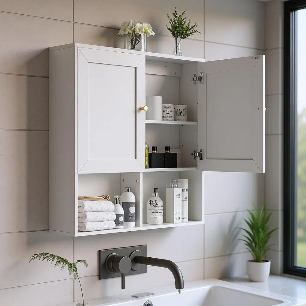 

White 3-Tier Over-the-Toilet Storage Cabinet with 2 Doors and Adjustable Shelves for Bathroom, Kitchen, Laundry