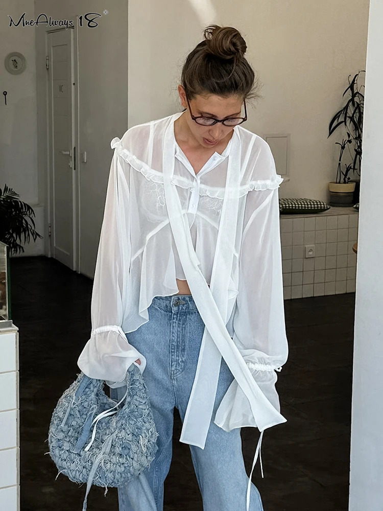 Mnealways18 Chiffon White Frill Blouses For Women Flare Sleeves Irregular Perspective Oversize Shirts Autumn 2024 Female Sunwear