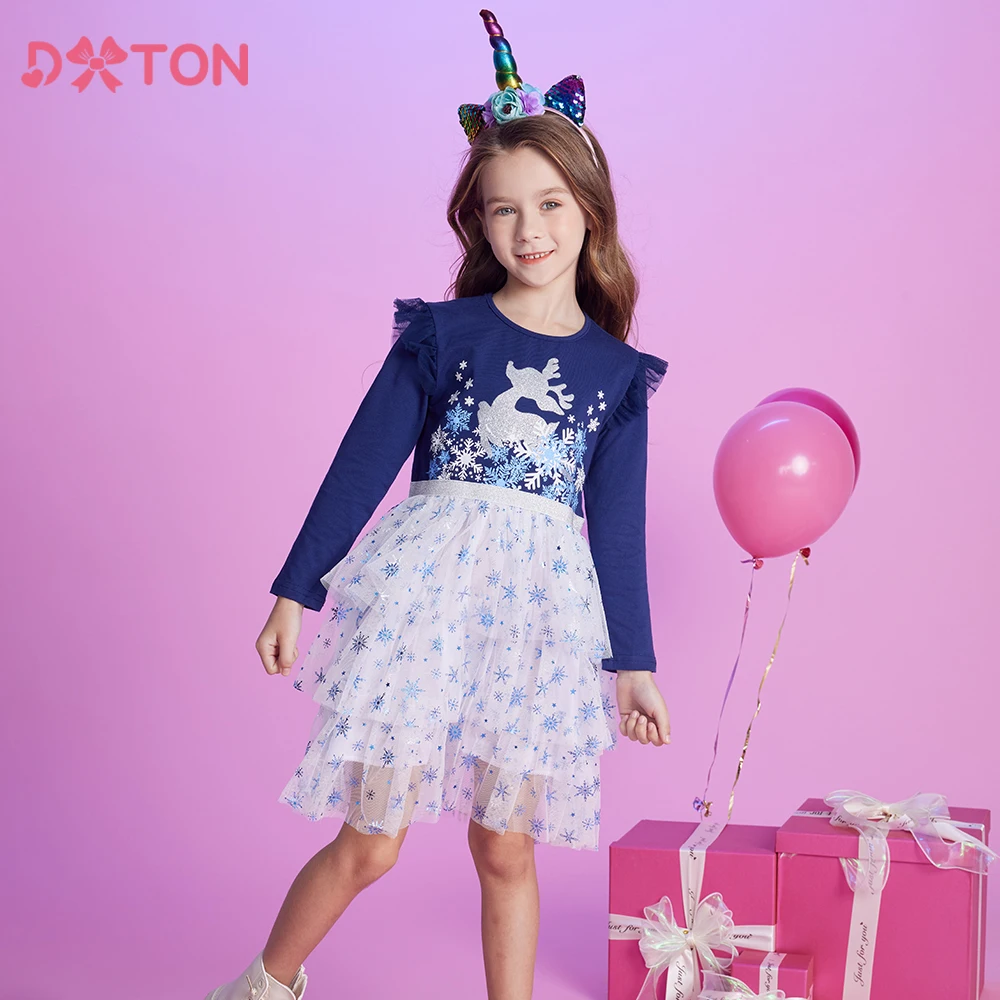 

DXTON 2025 Christmas Kids Girls Dress Snowflake Winter Children New Year Clothing Elk Xmas Party Layer Girls Princess Mesh Dress