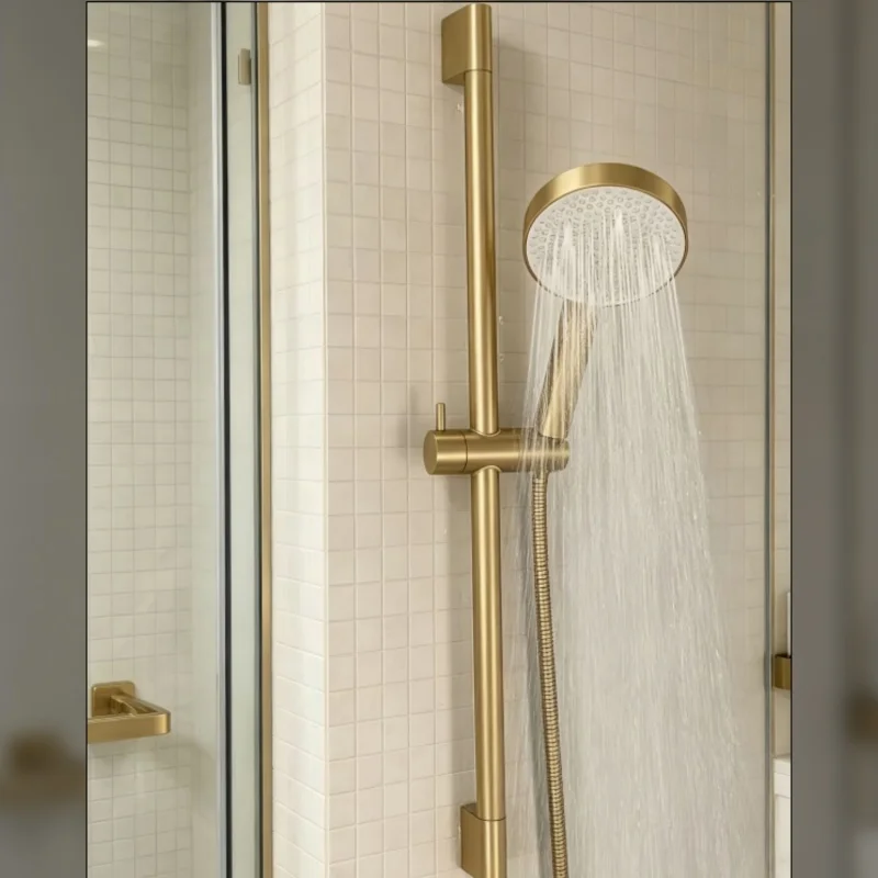 Brushed Nickel Wall-Mounted Adjustable Slider Shower Rod Bathroom Riser Bar With Hose And Shower Head Shower Accessories