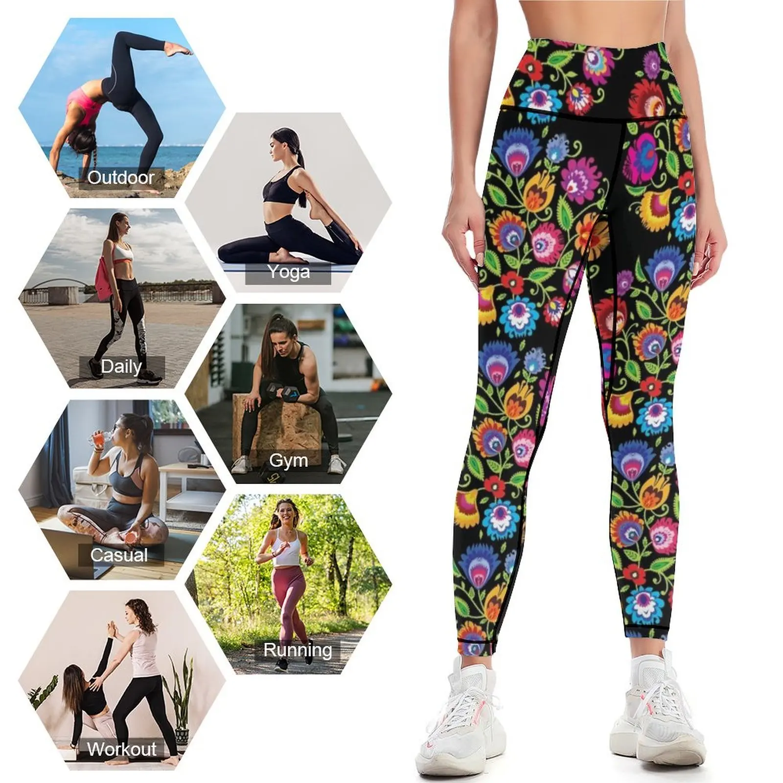 Folk composition, round on black Leggings exercise clothing for fitness set gym gym clothing Womens Leggings image 4