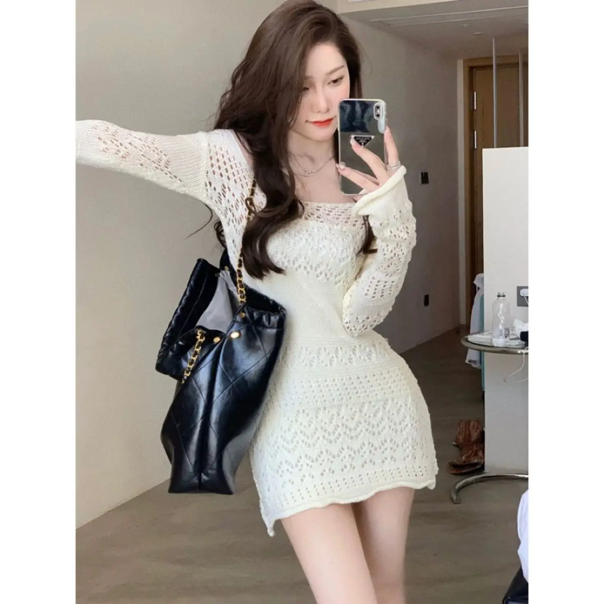 Bohemia Cover Up Shirt Female Summer Extravasation Hollow Solid Color V-neck Crochet Gentle Dress Short Corset Hip Wrap Skirt