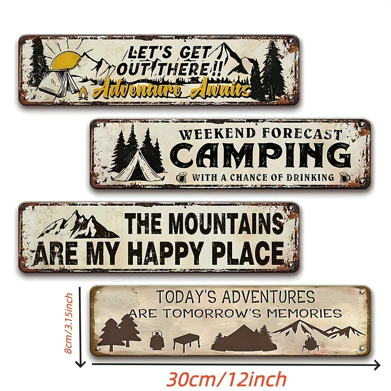Set of 4 - Outdoor Camping Signs, Vintage Wooden Outdoor Camping Decor, Suitable for Rvs | Living Room, Café, Garage, Shop Wall