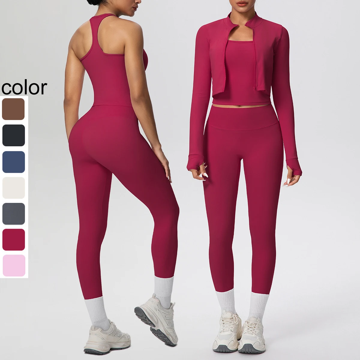 

3PCS/set Women Sportswear Yoga Set Lifting Buttocks Sports Fitness Pants Solid Color Back Vest Workout Top Zipper Jacket Set