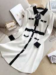 Elegant Women Beading Button Knitted Dress Fashion Chic Autumn Black White Hit Color Pearl Bowknot Lapel Collar Sweater Dresses