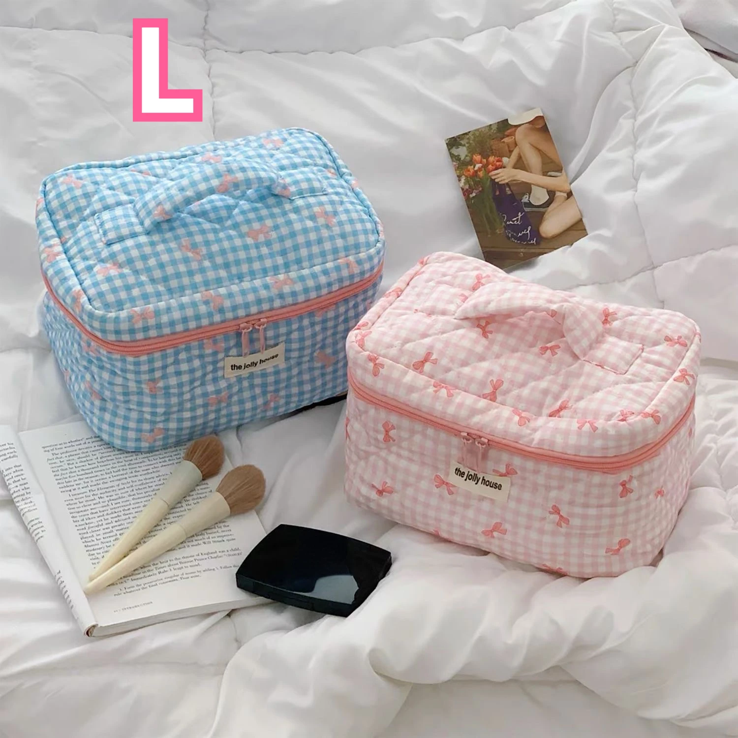 Large Capacity Sweet Plaid Ladies Cosmetic Bag Fashion Cute Women\'s Storage Bags Portable Female Makeup Cases Purse Handbags