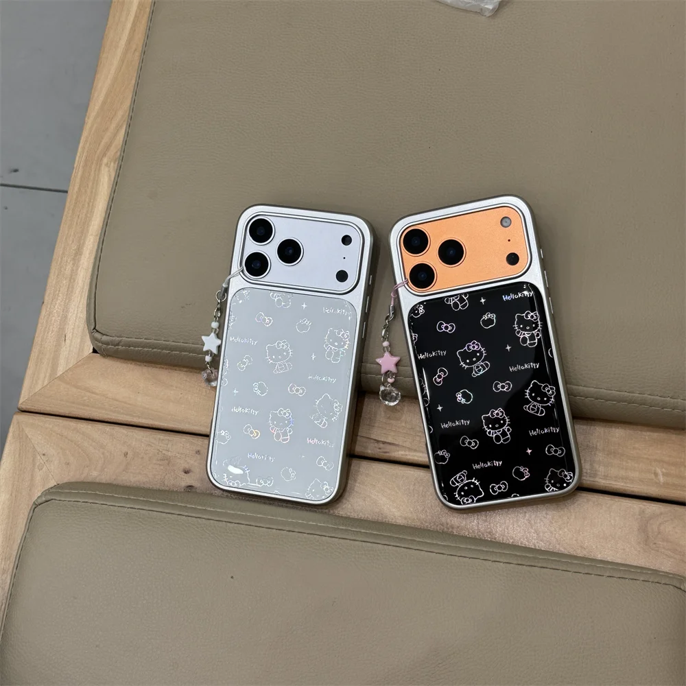 

INS Electroplated Lines Hellokitty Cute phone case for iPhone 17 Pro 14 15 16 Pro Max Cover With Cartoon Charm Protection Fundas
