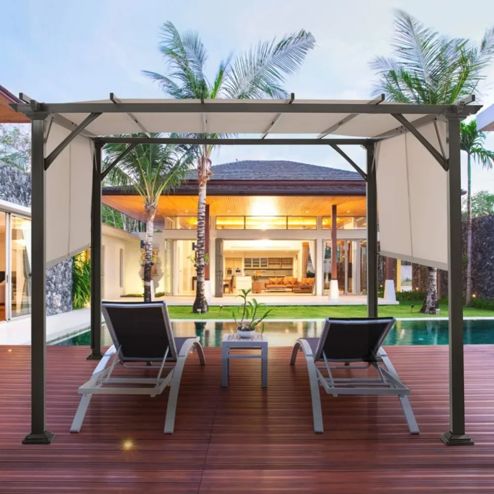 10 X 10FT Outdoor Pergola, Patio Furniture Shade Structure, Outdoor Steel Pergola Gazebo with Retractable Canopy Shades