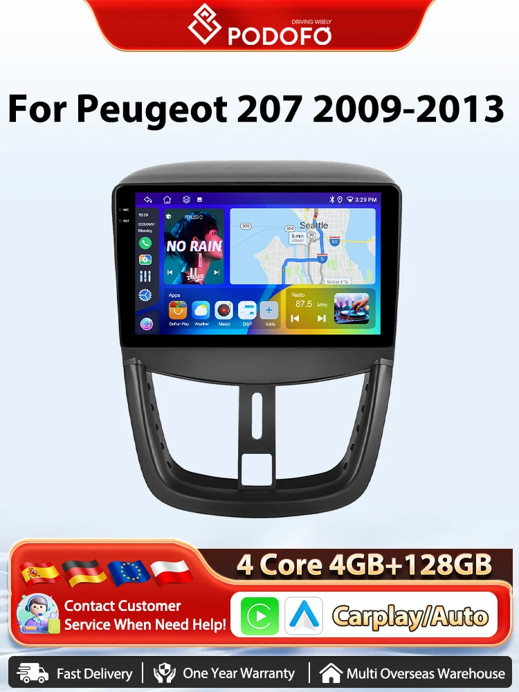Podofo 8-Kern Drahtlose CarPlay Auto AI Radio Für Peugeot 207 2009-2013 Android GPS Navigation WIFI DSP BT auto Multimedia Player