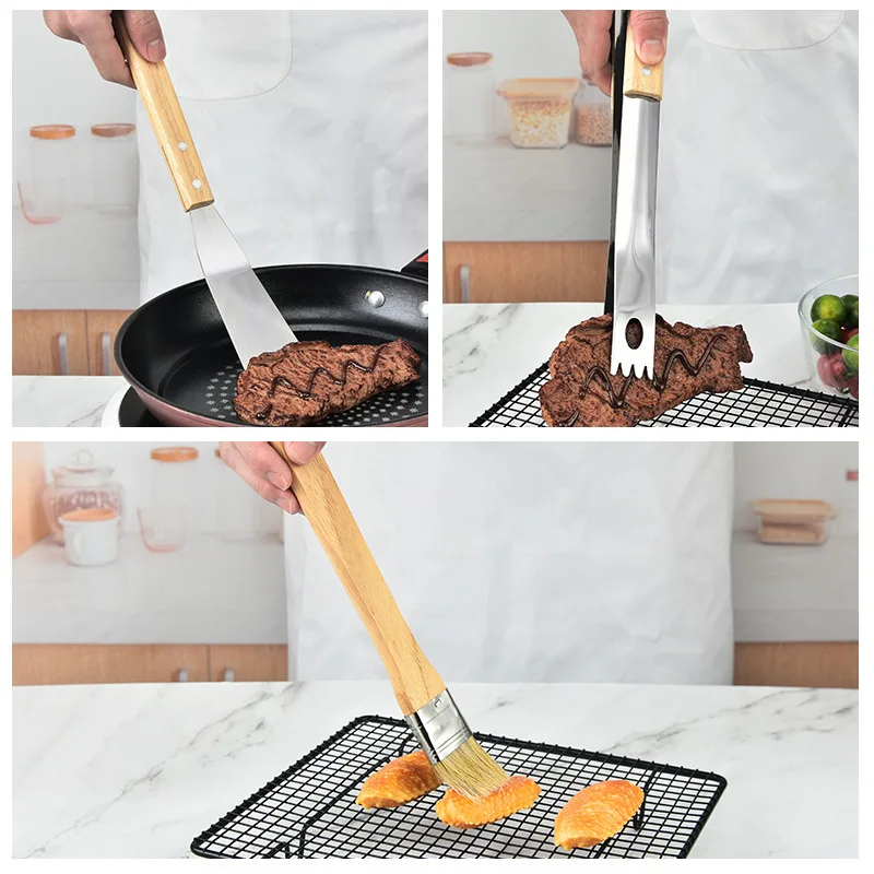 Zestaw narzędzi do grilla na zewnątrz, stal nierdzewna, drewno dębowe, kombinacja narzędzi kuchennych do użytku domowego, zestaw przyborów do grillowania, akcesoria do grilla